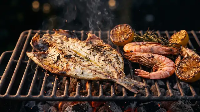 Pescado y camarones sobre una parrilla
